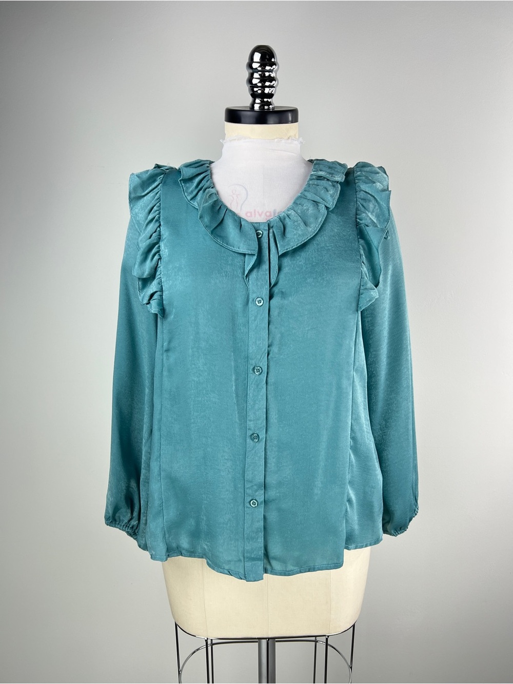 💚 3842. Ruffled V-Neck Button-Front Blouse - Teal